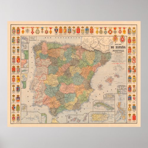 Old Spain Map 1892 Vintage Spanish Family Crests Poster