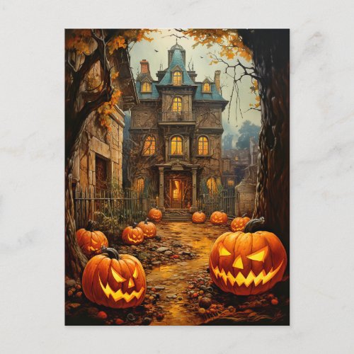 Old Spooky Haunted House Halloween Postcard