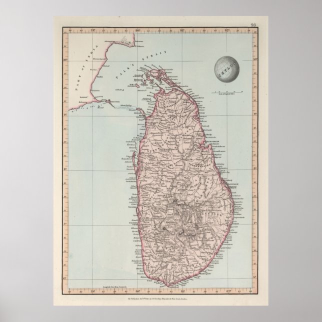 Old Sri Lanka Map (1845) Vintage Ceylon  Poster (Front)