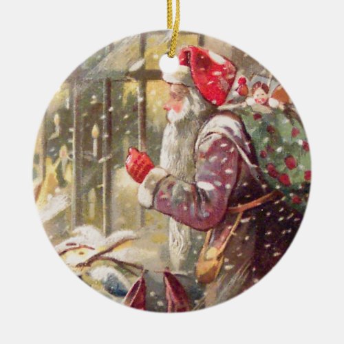 Old St Nicholas with Gifts in Snow Vintage Ceramic Ornament