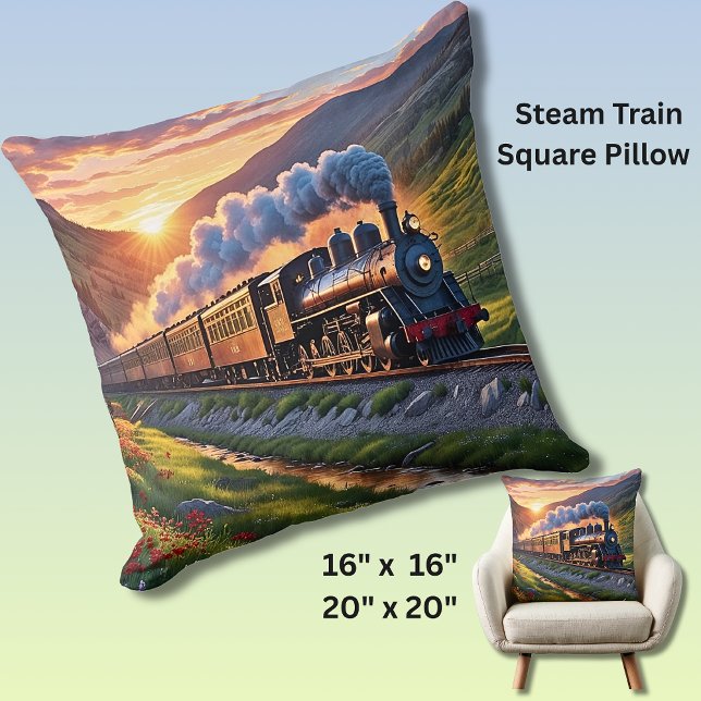 Old Steam Engine Locomotive Train Mountain Sunset  Throw Pillow (Creator Uploaded)