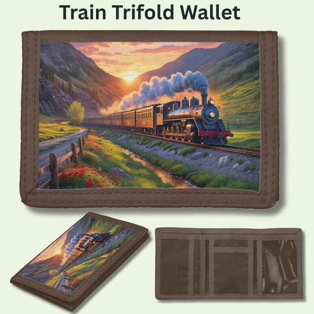 Old Steam Engine Locomotive Train Mountain Sunset  Trifold Wallet (Creator Uploaded)