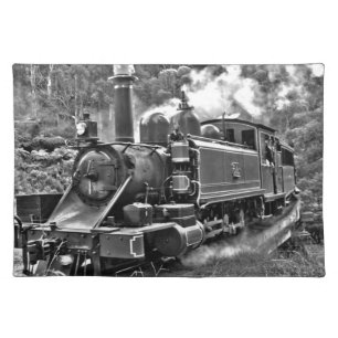 Old Steam Engine Train Black and White Cloth Placemat
