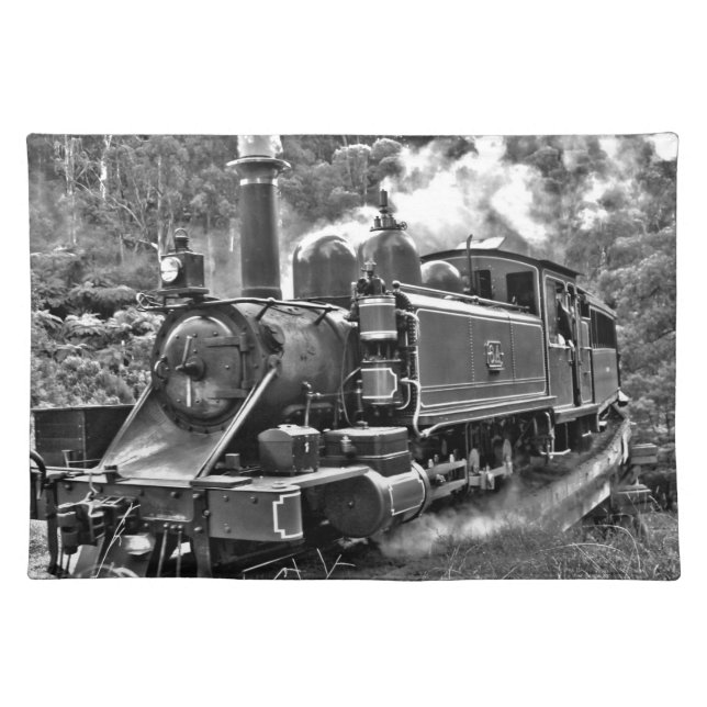 Old Steam Engine Train Black and White Cloth Placemat (Front)