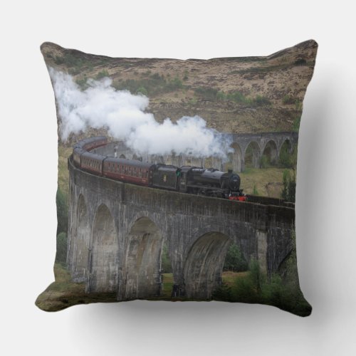 Old steam train on Glenfinnan Viaduct Throw Pillow