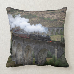 Old steam train on Glenfinnan Viaduct Throw Pillow