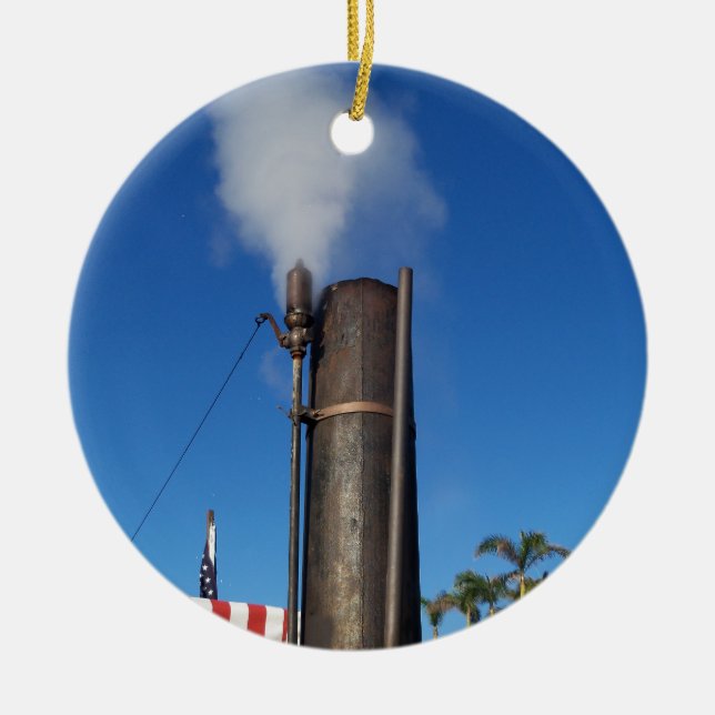 old steam whistle with a white plume of steam ceramic ornament (Front)