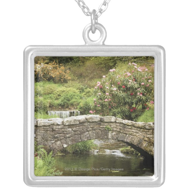 Old Stone Bridge Across A Stream In Dartmoor Park Silver Plated Necklace (Front)