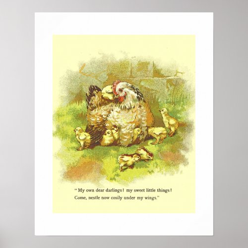 Old Storybook Page Mother Hen with Chicks Nursery Poster