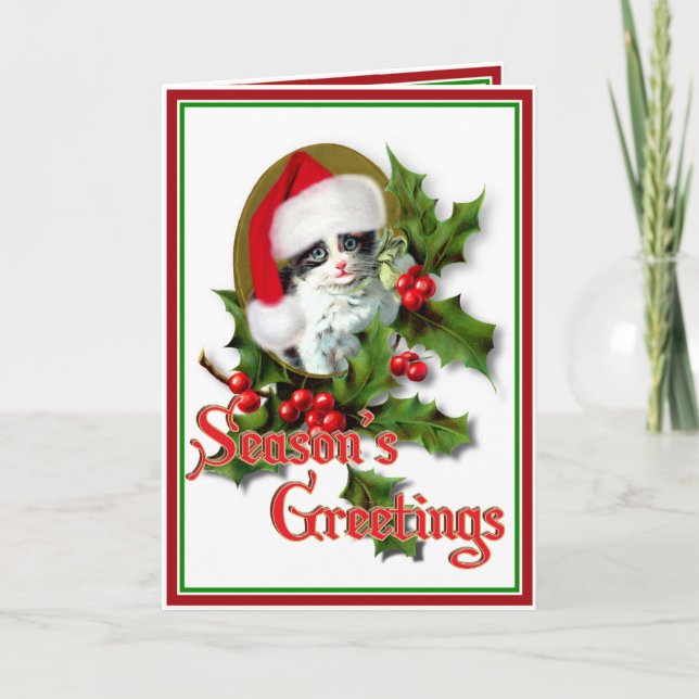 Old Style Christmas Kitten Holiday Card (Front)