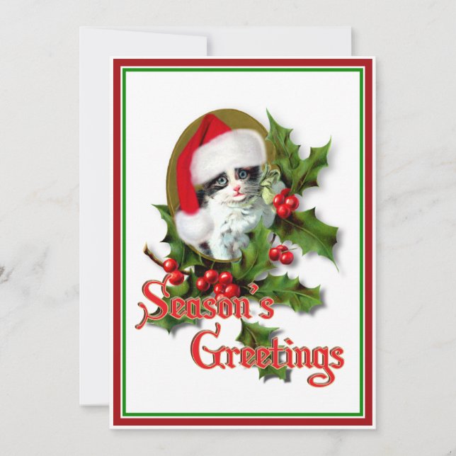 Old Style Christmas Kitten Season's Greetings Holiday Card (Front)