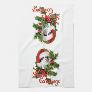 Old Style Christmas Kitten Season's Greetings Kitchen Towel