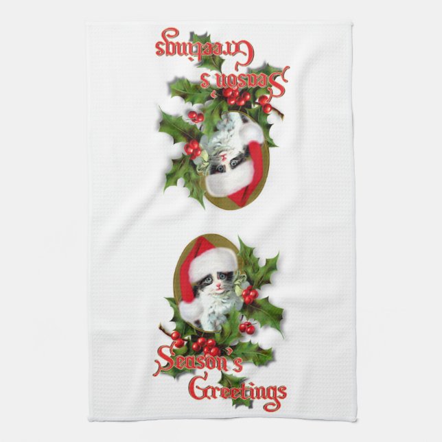 Old Style Christmas Kitten Season's Greetings Kitchen Towel (Vertical)