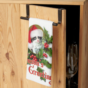 Old Style Christmas Kitten Season's Greetings Kitchen Towel