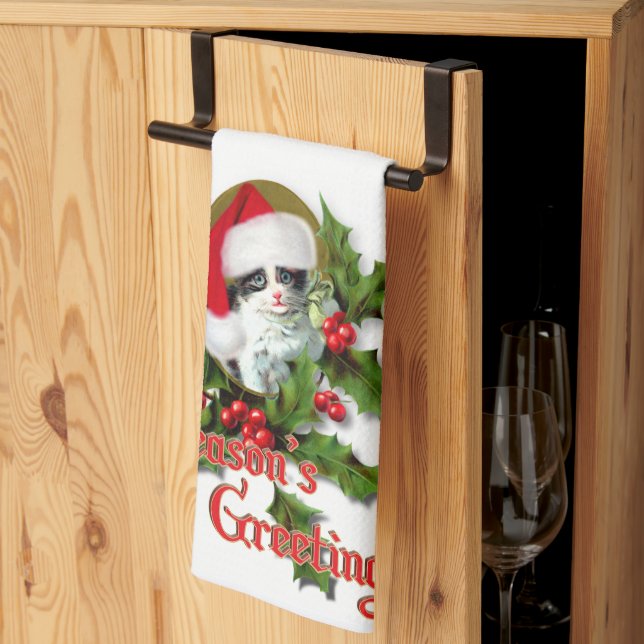 Old Style Christmas Kitten Season's Greetings Kitchen Towel (Thirds Fold)