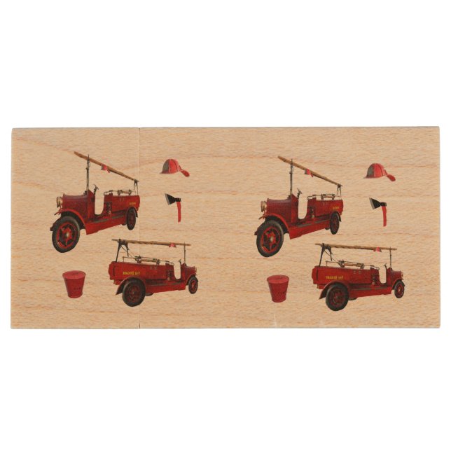 Old Style Fire Fighting Trucks And Ax, Wood Flash Drive (Back)