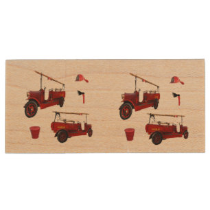 Old Style Fire Fighting Trucks And Axe, Wood Flash Drive