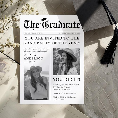 Old Style Newspaper Photo Graduation Party Invitation