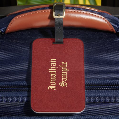 Old Style Text Gold Font Red Brown Leather Look Luggage Tag