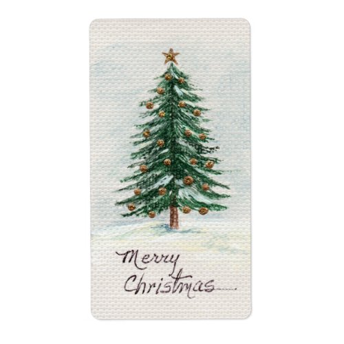 Old Style Watercolor Christmas Tree in Snow   Label