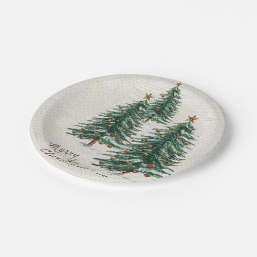 Old Style Watercolor Christmas Tree in Snow Paper Plates