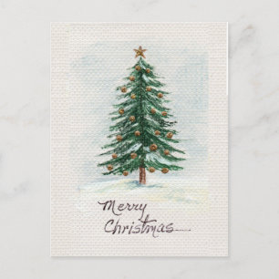 Old Style Watercolor Christmas Tree in Snow Postcard