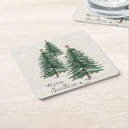 Old Style Watercolor Christmas Tree in Snow  Square Paper Coaster