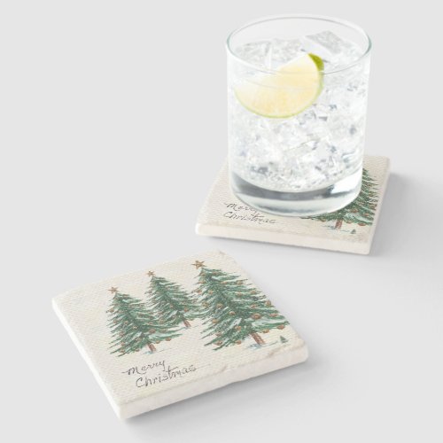 Old Style Watercolor Christmas Tree in Snow Stone Coaster