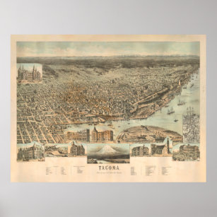 Old Tacoma WA Map (1890) Vintage City of Destiny  Poster