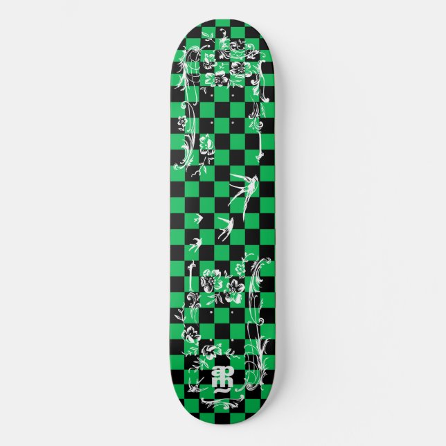 Old Tattoo Checkboard - Green & Black Skateboard Deck (Front)