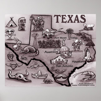Old Texas Cartoon Map Poster