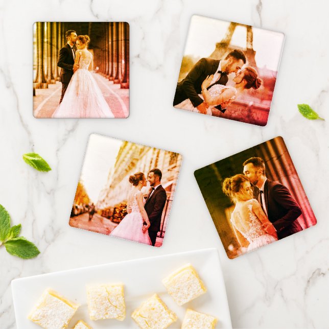 Old Time 4 Photo Template Personalized Coaster Set (In Situ)
