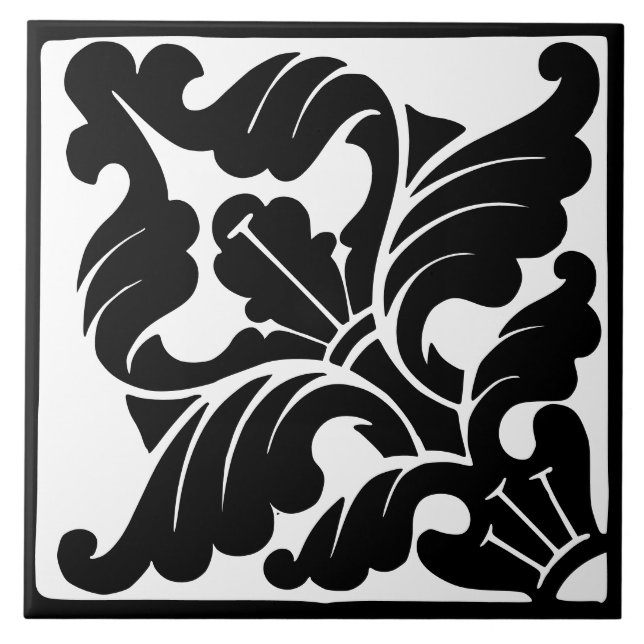 Old Time Classic: Black and White Flourish Ceramic Tile (Front)