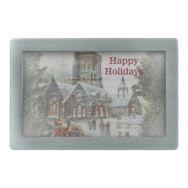 Old time Santa with children in front of a church  Belt Buckle (Front)
