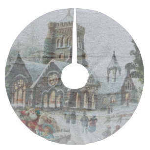 Old time Santa with children in front of a church Brushed Polyester Tree Skirt