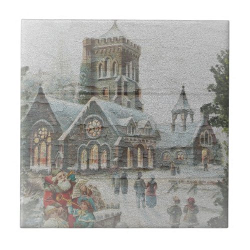 Old time Santa with children in front of a church  Ceramic Tile
