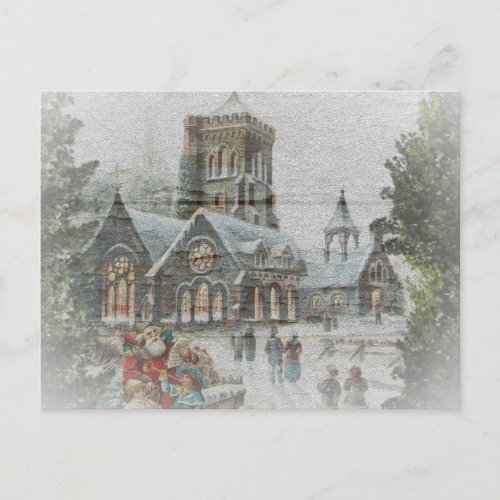 Old time Santa with children in front of a church  Holiday Postcard