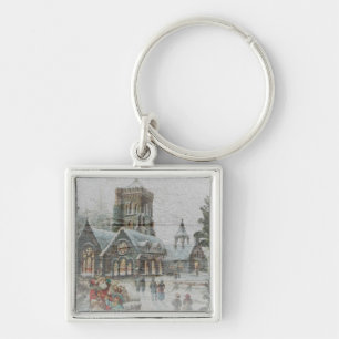 Old time Santa with children in front of a church Keychain