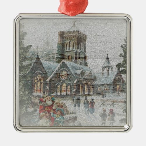 Old time Santa with children in front of a church  Metal Ornament