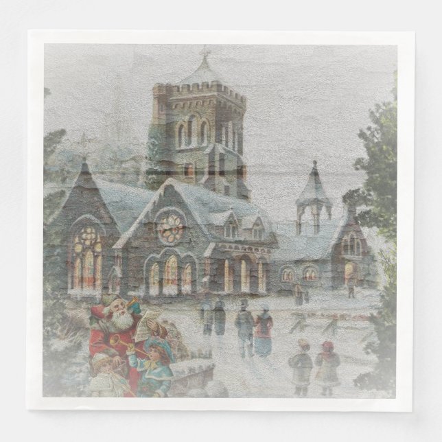Old time Santa with children in front of a church  Paper Dinner Napkins (Front)