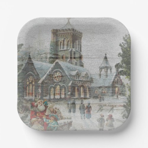 Old time Santa with children in front of a church  Paper Plates