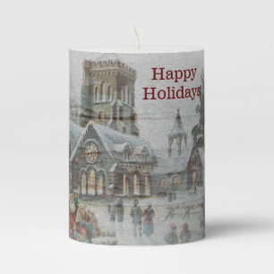 Old time Santa with children in front of a church Pillar Candle