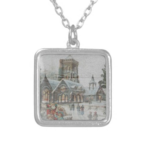 Old time Santa with children in front of a church  Silver Plated Necklace