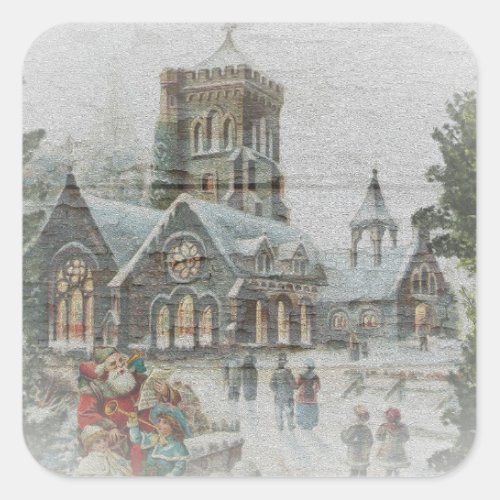 Old time Santa with children in front of a church  Square Sticker