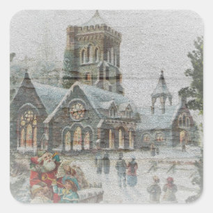 Old time Santa with children in front of a church  Square Sticker