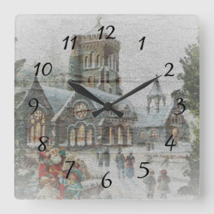 Old time Santa with children in front of a church Square Wall Clock