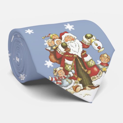 Old Time Santa With Kids Lantern Snowflakes Blue Neck Tie