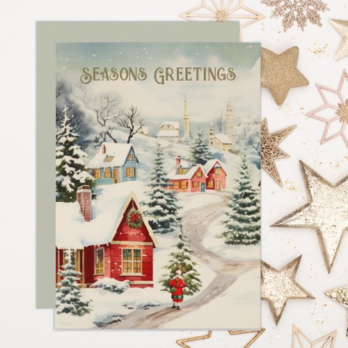 Old Time Snow Covered Village Seasons Greetings Holiday Card