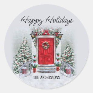 Old Time Vintage Red Door Wreath Happy Holidays  Classic Round Sticker