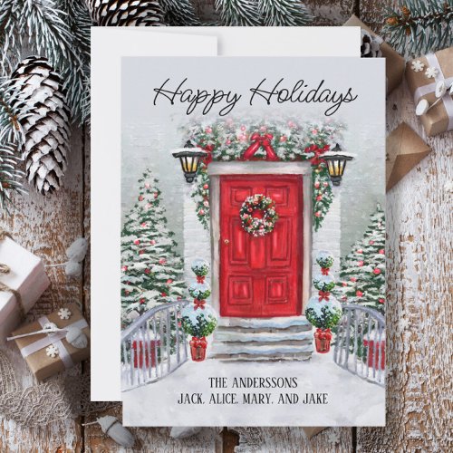 Old Time Vintage Red Door Wreath Happy Holidays Holiday Card